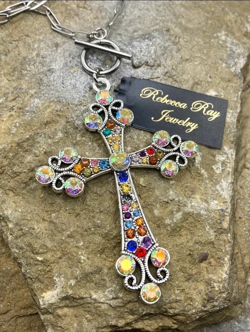 Rebecca Ray Multicolor Crystal Cross Necklace - Silver-Tone
